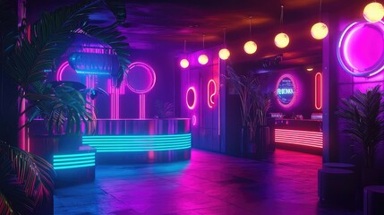 Obraz premium Vibrant Neon Bar Interior with Colorful Lighting and Decorations