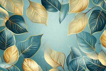 Teal and gold leaves circular frame background.