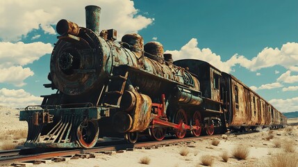 Naklejka premium Rusty Train in the Desert: A Vintage Journey Through Time