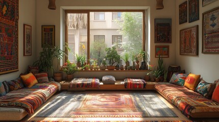 Sunlit room with colorful rugs, cushions, and plants.