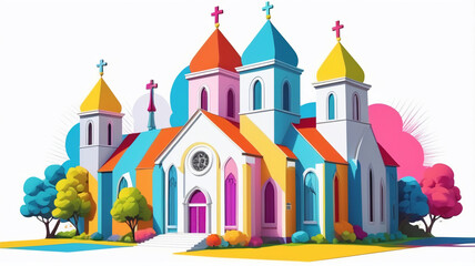 Obraz premium AI generative. Graphic 3d illustration of church building with vibrant colors on white background. Set 2