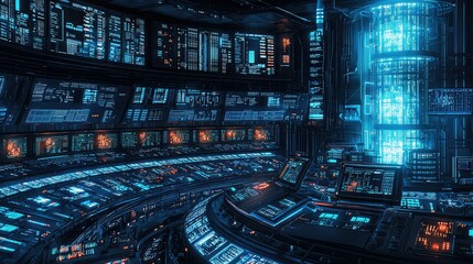 Obraz premium Futuristic Control Room with Innovative Technology and Glowing Screens