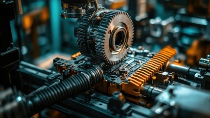 Fototapeta premium Intricate Close-Up of Industrial Gear Mechanism in Machinery Setup