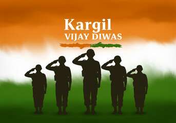 Tribute to Indian soldiers on Kargil Vijay Diwas with silhouettes saluting against the tricolor backdrop