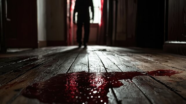 Spooky Dark Hallway with Bloodstains and Shadowy Figure Silhouette