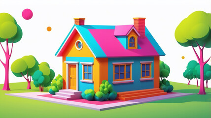 AI generative. Graphic 3d illustration of small house building with vibrant colors on white background. Set 2