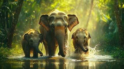 Majestic Elephants Walking Through Lush Green Jungle Water