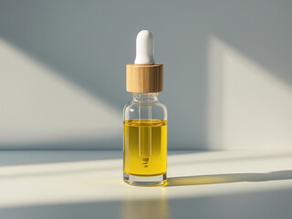 Fototapeta premium A minimalist glass dropper bottle filled with golden liquid, featuring a bamboo cap and white dropper, set against a soft gray background with dramatic natural lighting.