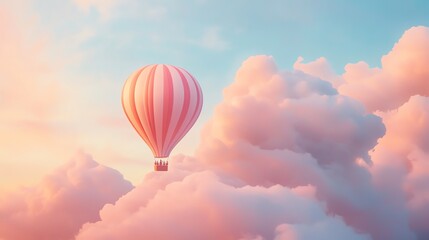 Fototapeta premium Colorful Hot Air Balloon Floats Among Pastel Clouds at Sunrise in a Serene Sky