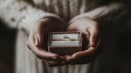 Elegant Proposal Moment  Hands Holding Diamond Ring in Box