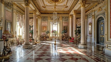 Obraz premium Elegant Interior of a Luxurious Historic Palace with Grand Chandelier