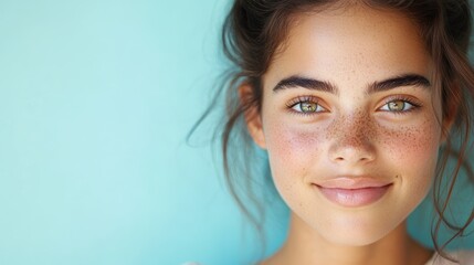 Naklejka premium Young Woman with Freckles Smiling Against Blue Background Natural Beauty and Confidence