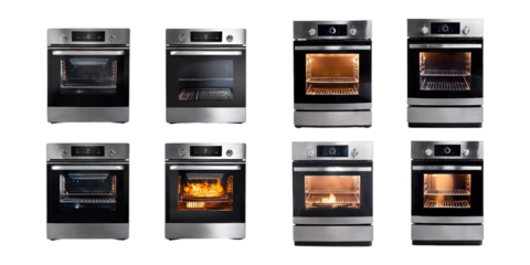 Modern Stainless Steel Ovens Collection on Transparent Background