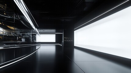 Naklejka premium Modern Exhibition Space with Illuminated white blank Panels in Dark Room. 3D Rendering, HD image
