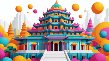 Fototapeta premium AI generative. Graphic 3d illustration of temple building with vibrant colors on white background. Set 3