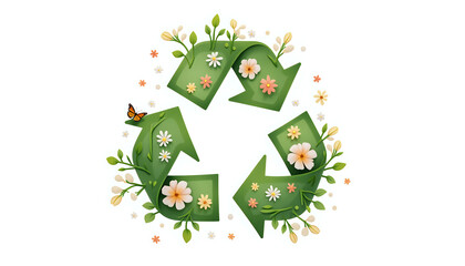 A cheeky design featuring a large recycling symbol made of vines and leaves, Small flowers and butterflies surround the symbol