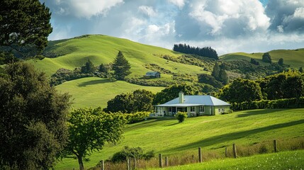 Obraz premium Serene countryside home with rolling green hills and beautiful sky