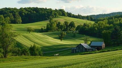 Fototapeta premium Lush Green Rolling Hills with Farmhouse Under Soft Golden Light