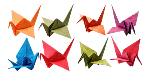 Colorful Origami Cranes on Transparent Background