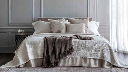 Cozy Bedroom Scene with Soft Bedding and Elegant Decor Elements