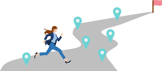 目標達成へのロードマップのイラスト(ビジネスウーマン)