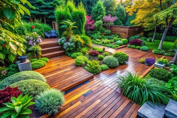 Obraz premium Stunning Terrace & Garden Designs - Wooden Decking, Gravel Paths, Lush Greenery