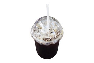 Iced americano coffee with ice in tall disposable glass plastic clear cover with straw isolated on cut out PNG or transparent background. Cold summer drink. Espresso coffee with water.