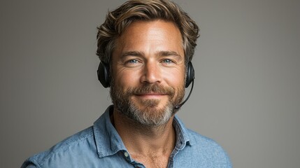 Fototapeta premium Smiling man with headset, suggesting communication role.