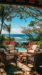 Obraz premium Tranquil Ocean View from Cozy Patio with Lush Tropical Surroundings
