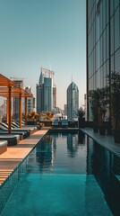 Naklejka premium Urban Rooftop Pool with City Skyline and Modern Architecture View