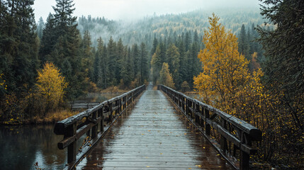 The image depicts a wooden bridge stretching into a foggy, autumnal forest landscape