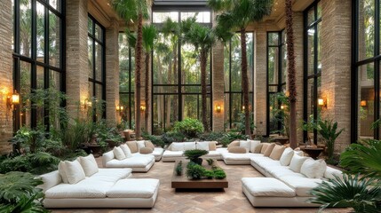Fototapeta premium Spacious indoor lounge with greenery and natural light.