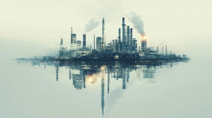 Naklejka premium A futuristic industrial skyline reflected in water, showcasing factories and smokestacks.