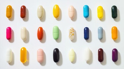 Colorful capsules arranged in rows on white background.