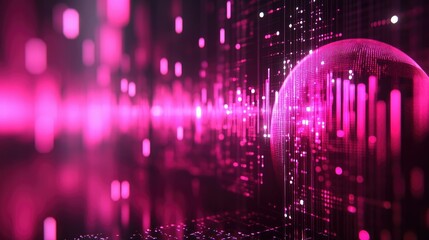 Abstract pink digital sphere with data flow and light streaks.