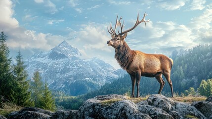 Naklejka premium Majestic Stag Standing on Rock Overlooking Mountain Landscape