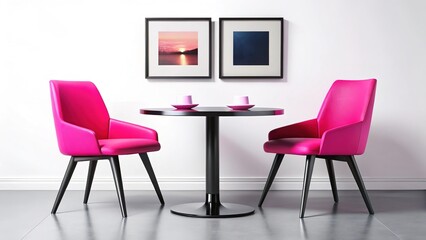 Fototapeta premium Modern Black Round Table with Pink Chairs - Interior Design