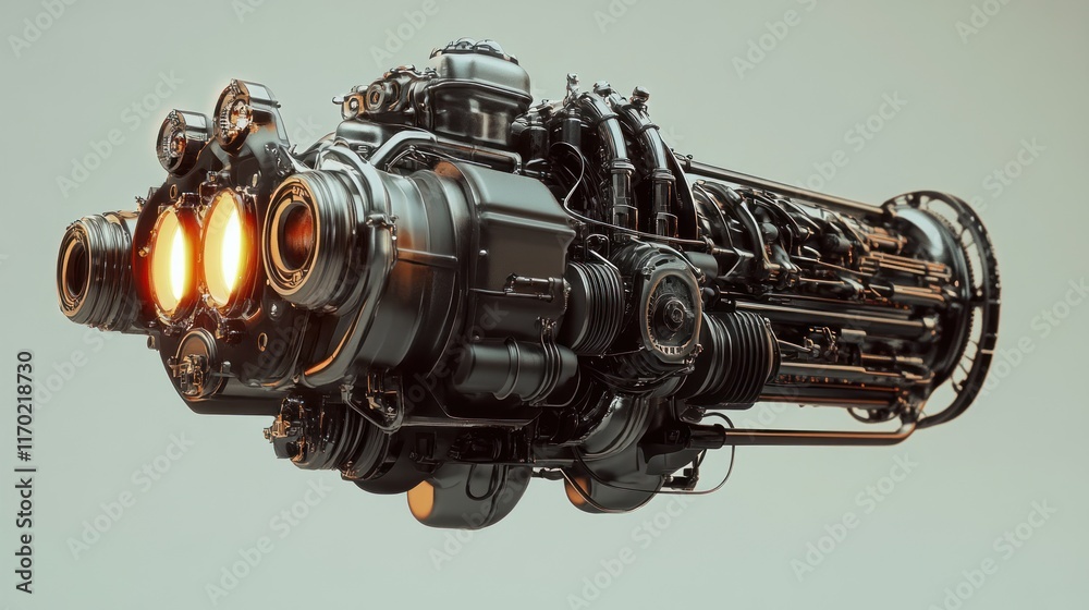 Poster a futuristic jet engine design showcasing intricate mechanical components and glowing exhaust.