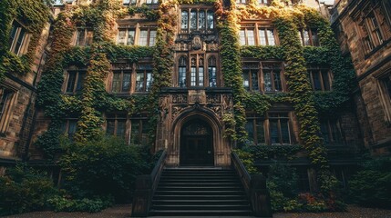 Historic building with ivy-covered facade in charming courtyard setting