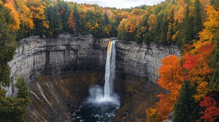 Fototapeta premium Majestic Waterfall Surrounded by Vibrant Autumn Foliage in Nature