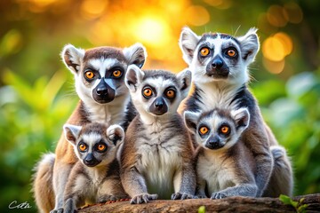 Obraz premium Lemur Catta Family Portrait - Bright, Vibrant, Nature Scene