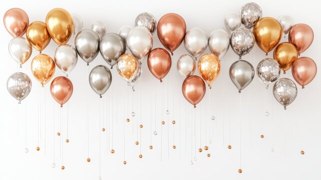 Golden Elegance: Vertical Cascade of Luxurious Gold, Silver, and Copper Balloons on White Background with 3D Effect