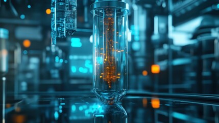 A futuristic laboratory scene with a glowing vial containing particles.