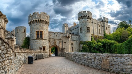 Obraz premium Historic Castle with Turrets Surrounded by Dramatic Sky Landscape