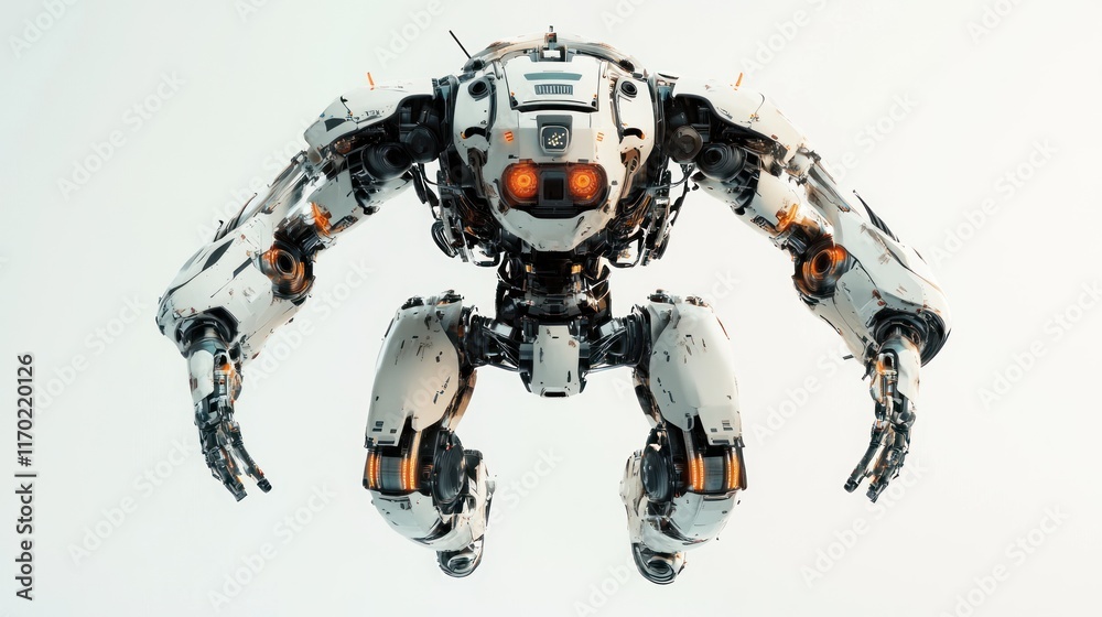 Poster a futuristic robot with a humanoid design, featuring mechanical arms and glowing eyes.