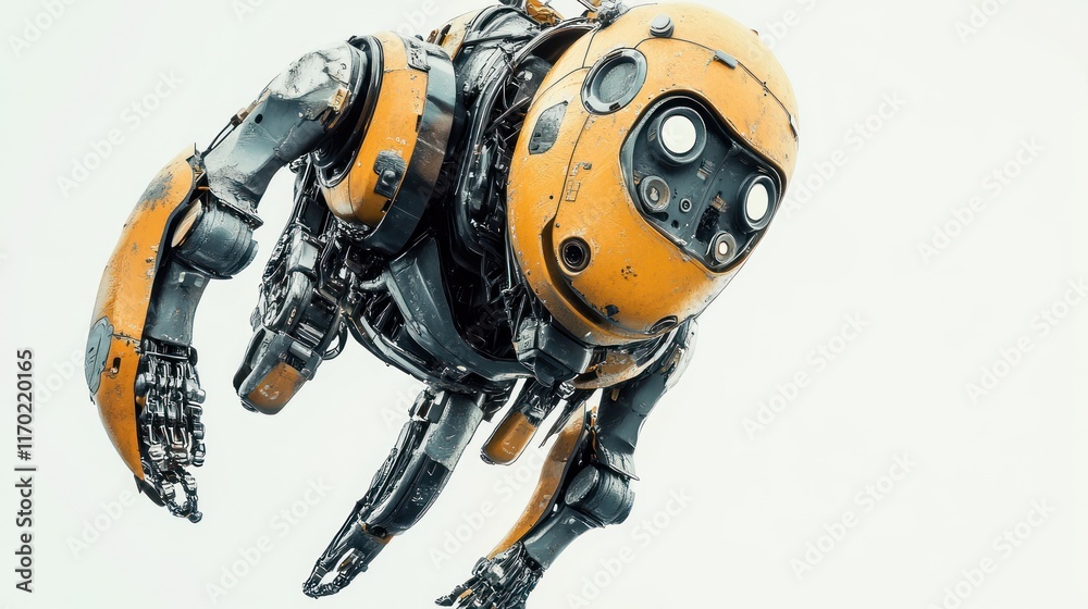 Fototapete a futuristic robot with an orange and metallic design, floating in a minimalistic environment.