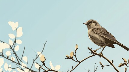 Beautiful Songbird Perched on Branch Against Clear Blue Sky