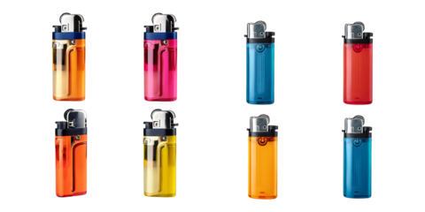 Colorful Lighters in Various Shades Arranged on a Transparent Background