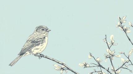 Elegant Bird Perched on Blossom Branch Against Soft Blue Background