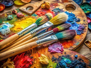 Obraz premium Documentary photography AI art: palettes, brushes, and supplies close-up.